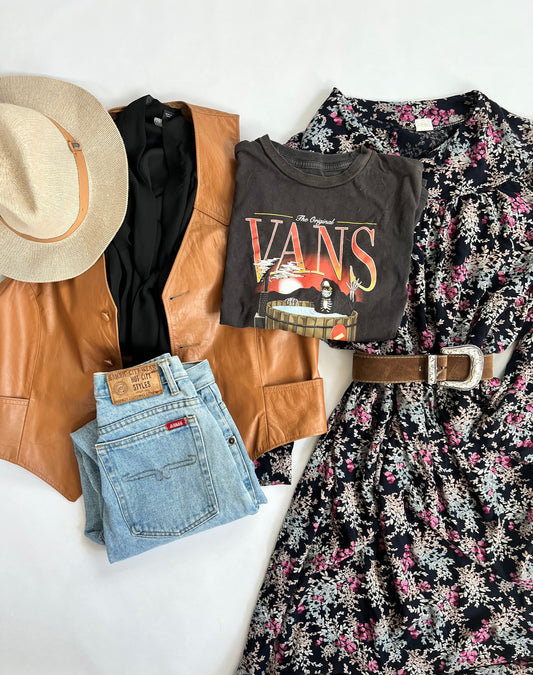 western boho outfit flatlay with vintage denim, hat, dress and vest.